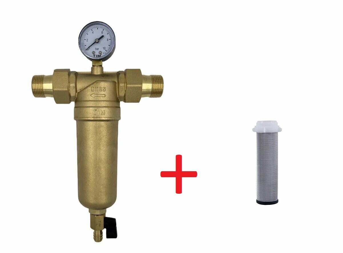 Фильтр для воды TIM 1" JH-3001 НН самоочищающийся с манометром и американками в металлическом корпусе для горячего и холодного водоснабжения + сетка