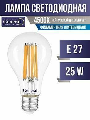 General ЛОН A65 E27 25W 4500K 4K 65x125 филамент (нитевидная) прозр.