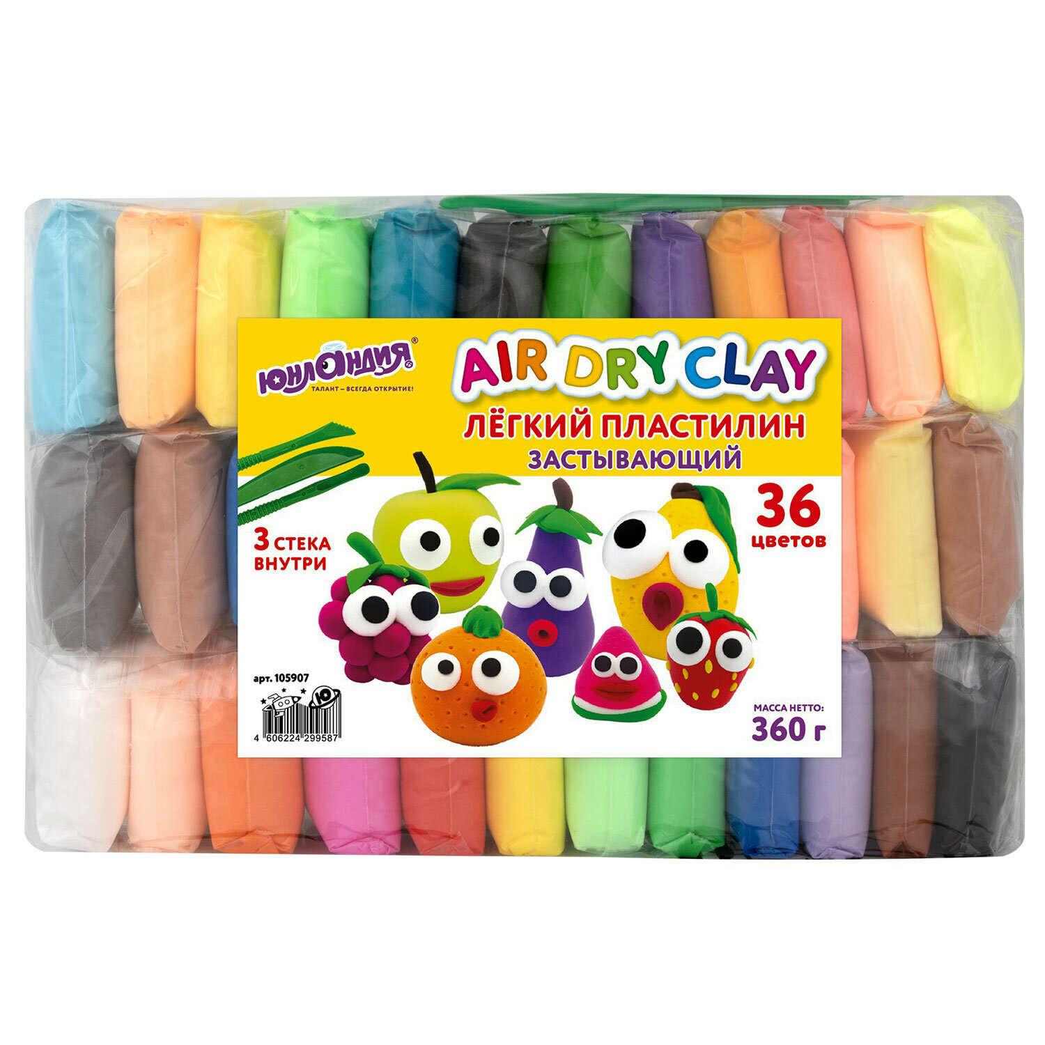 Пластилин супер легкий воздушный застывающий 36 цветов, 360 г, 3 стека, юнландия, 105907