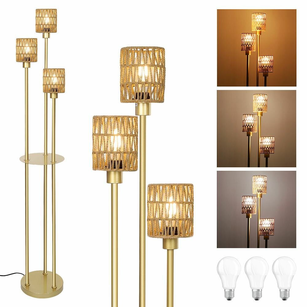 Торшер в стиле Бохо 3 светлых оттенка с полками,1,6, золотой, Золотой