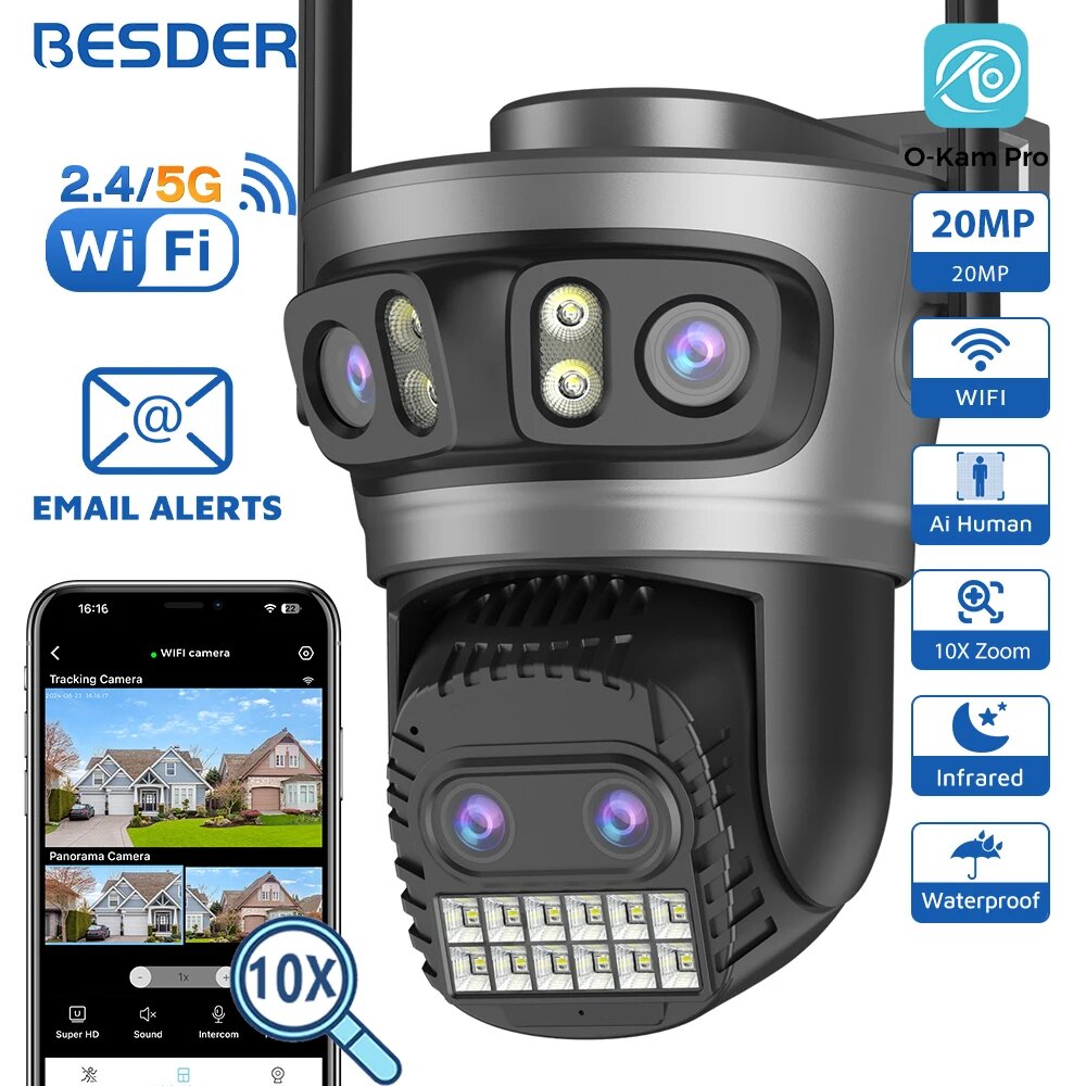 BESDER 16MP Wifi камера IP PTZ три экрана 180° широкоугольный автоматический трекинг 10X цифровой зум 20MP защита безопасности O-Kam Pro, 20MP NO SD Card