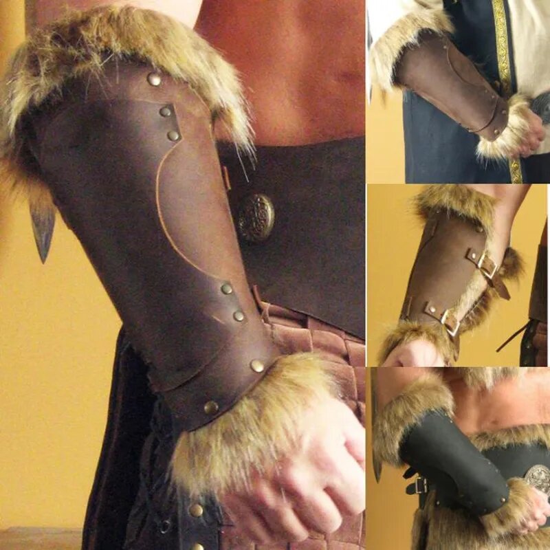 Средневековый костюм для косплея викингов Larp Knight кожаный меховой браслет Броня с заклепками перчатка в стиле стимпанк, Коричневый, Один размер