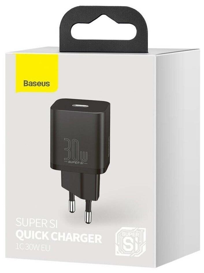 Зарядный блок питания для телефона 30W быстрая зарядка PD 3.0+QC 3.0 USB Type-C Baseus Super Si Quick Charger 1C 30W черный CCSUP-J01 для Apple iPhone, Samsung, Xiaomi, Huawei, Honor