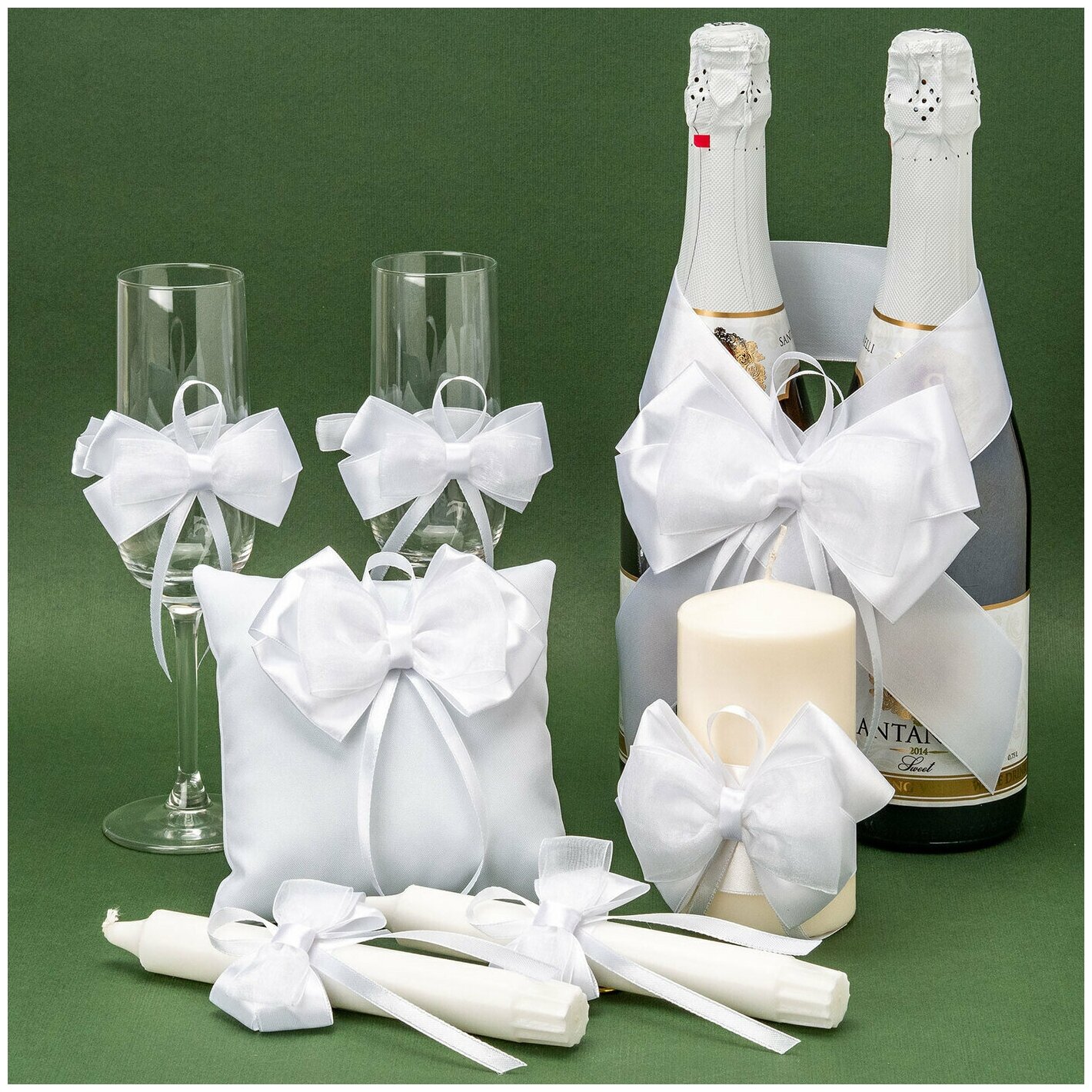 Комплект из 7 предметов для свадебного декора бракосочетания "Белые банты" с атласными бантами белоснежного цвета и тонких ленточек