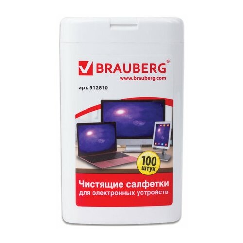 Чистящие салфетки для ноут. и оптич. поверхн. BRAUBERG, компактная туба 100 шт, влажные, 512810 влажные салфетки zeiss для очистки линз солнцезащитных очков камер одежды 20 шт в упаковке