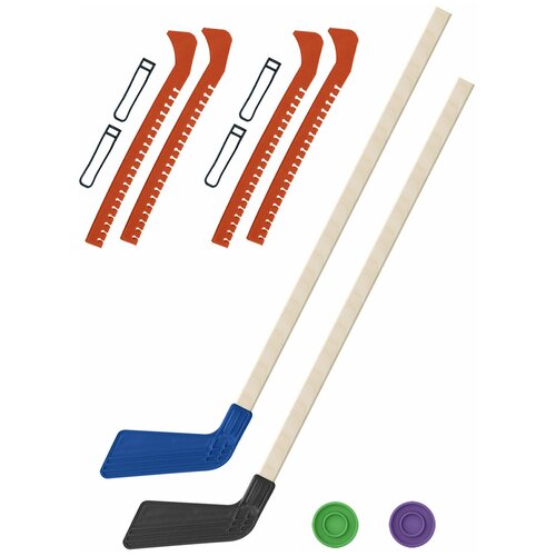 Детский хоккейный набор для игр на улице, свежем воздухе для зимы для лета 2 Клюшки хоккейных синяя и чёрная 80 см.+2 шайбы + Чехлы для коньков оранжевые - 2 шт.