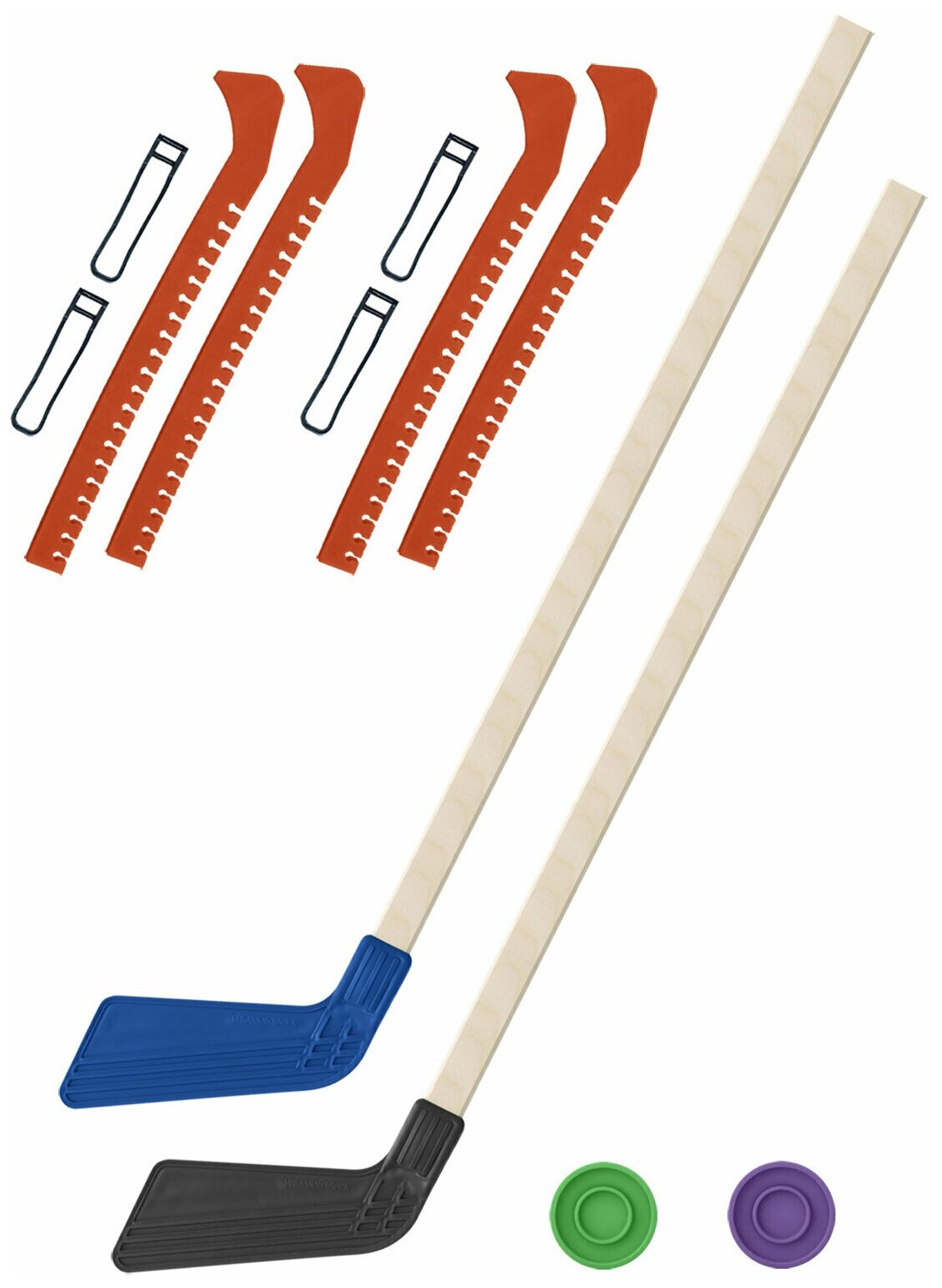 Детский хоккейный набор для игр на улице Клюшка хоккейная детская 2 шт синяя и чёрная 80 см.+2 шайбы + Чехлы для коньков оранжевые - 2 шт.
