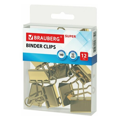 Зажимы для бумаг BRAUBERG EXTRA, комплект 288 шт, 32 мм, на 140 л, золотистые, европодвес, 229587