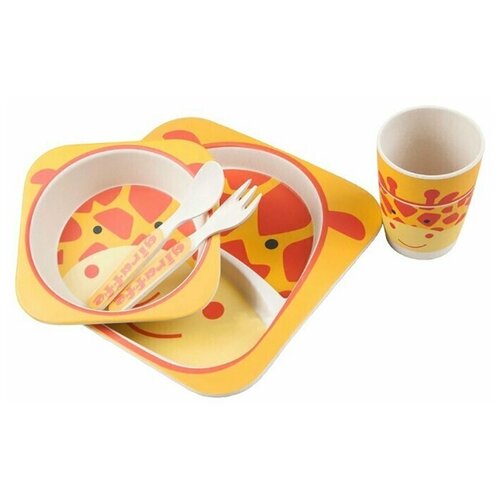 Детский столовый набор, тарелка, миска, ложка, вилка, стакан, цвет оранжевый, 27х25х10 см, Baby Fox BF-BOWL-36