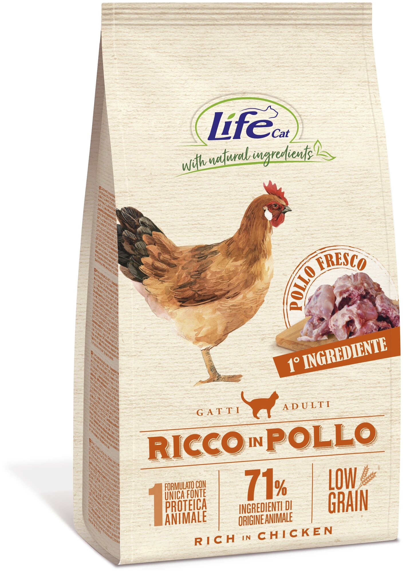 Корм Lifecat Adult Rich in chicken low grain 1,5кг с высоким содержанием свежей курицы низкозерновой для кошек - фотография № 1