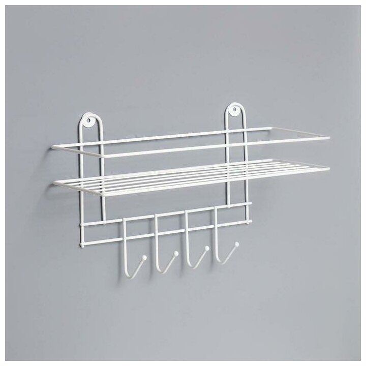 фото Полка для ванной прямая, 4 крючка, 33x12.5x21 см, цвет белый