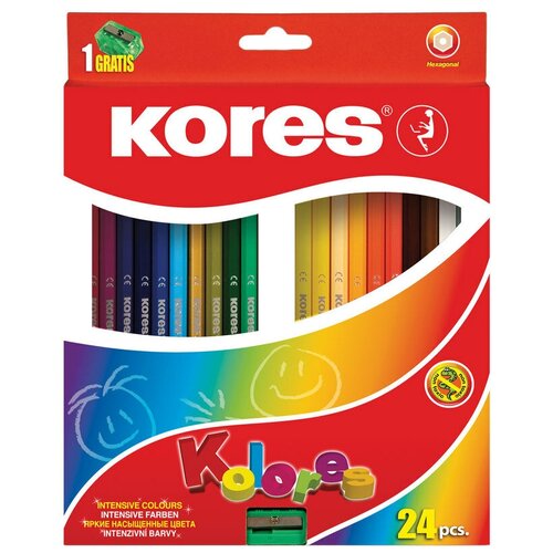 фото Карандаши цветные kores, 24 цвета, шестигранные с точилкой