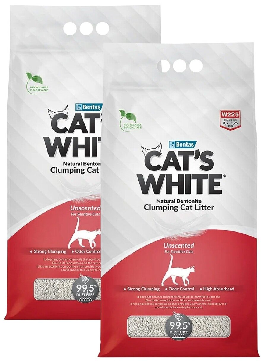 CAT'S WHITE NATURAL наполнитель комкующийся для туалета кошек без ароматизатора (5 + 5 л)