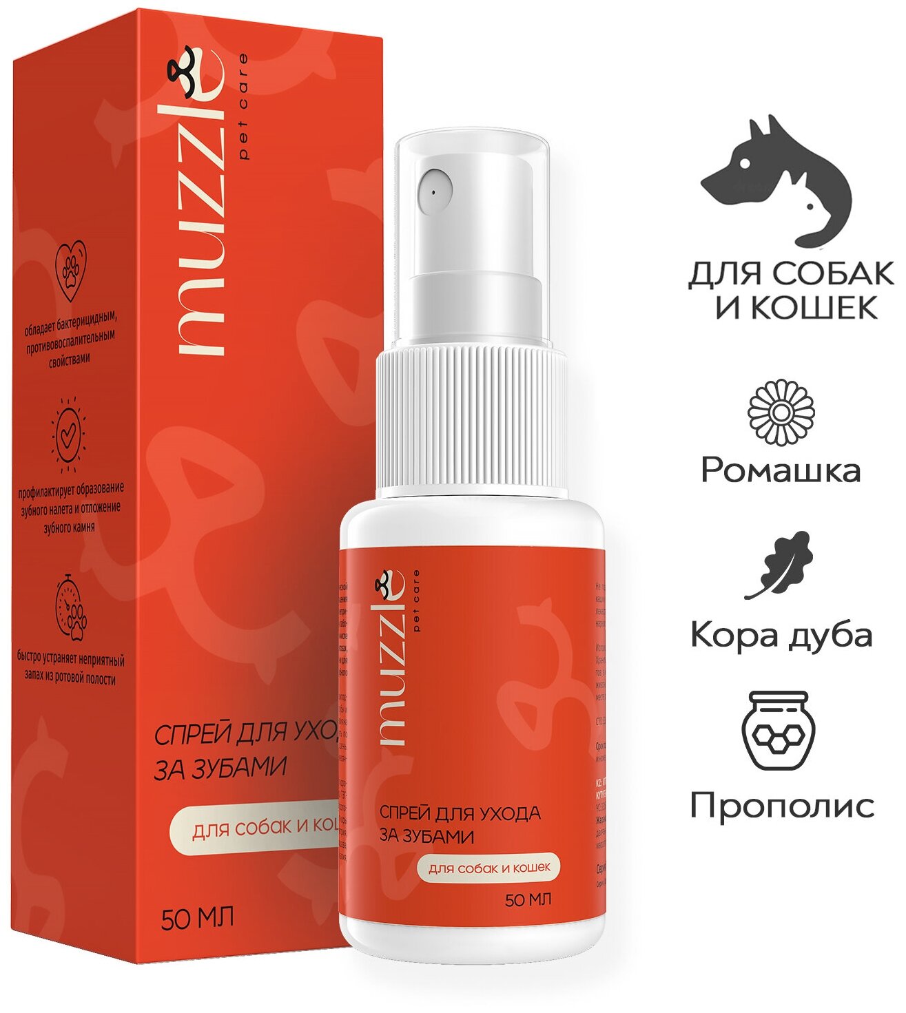 Спрей зоогигиенический Muzzle для ухода за полостью рта собак и кошек, против неприятного запаха и воспалений при заболеваниях ротовой полости, 50 мл