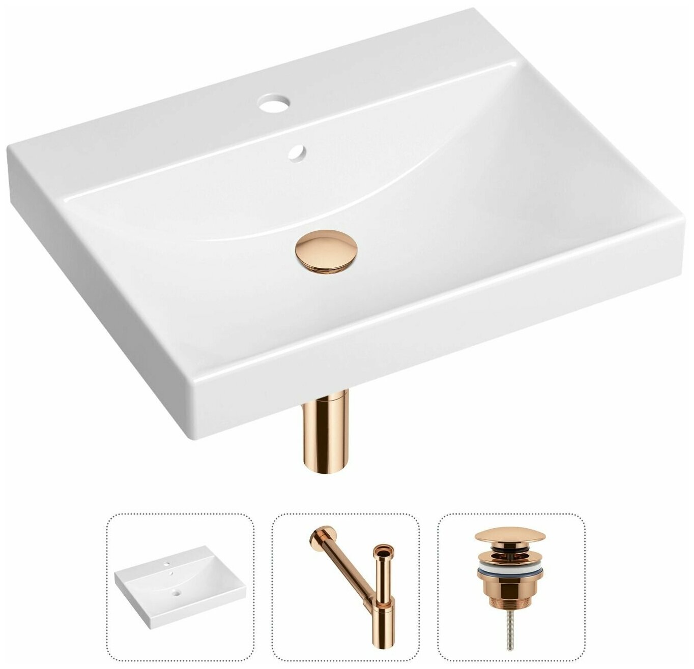 Врезная раковина в ванную Lavinia Boho Bathroom Sink 21520553 в комплекте 3 в 1: умывальник белый, донный клапан и сифон в цвете розовое золото