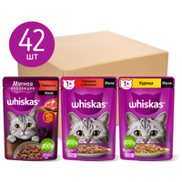 Влажный корм для кошек Whiskas с курицей, с говядиной, с ягненком 42 шт. х 75 г (кусочки в желе)