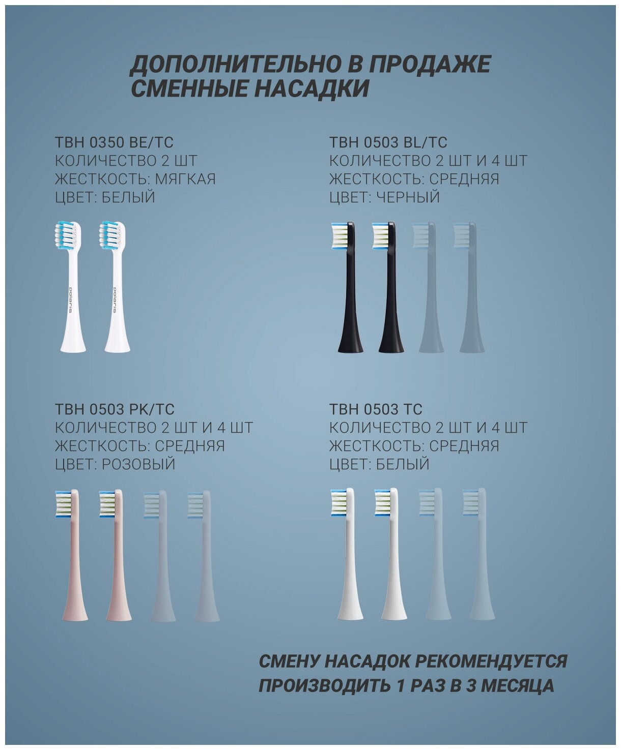 Насадки с мягкой щетиной для зубной щетки Polaris PETB 0503 TC (2 шт) - фотография № 5