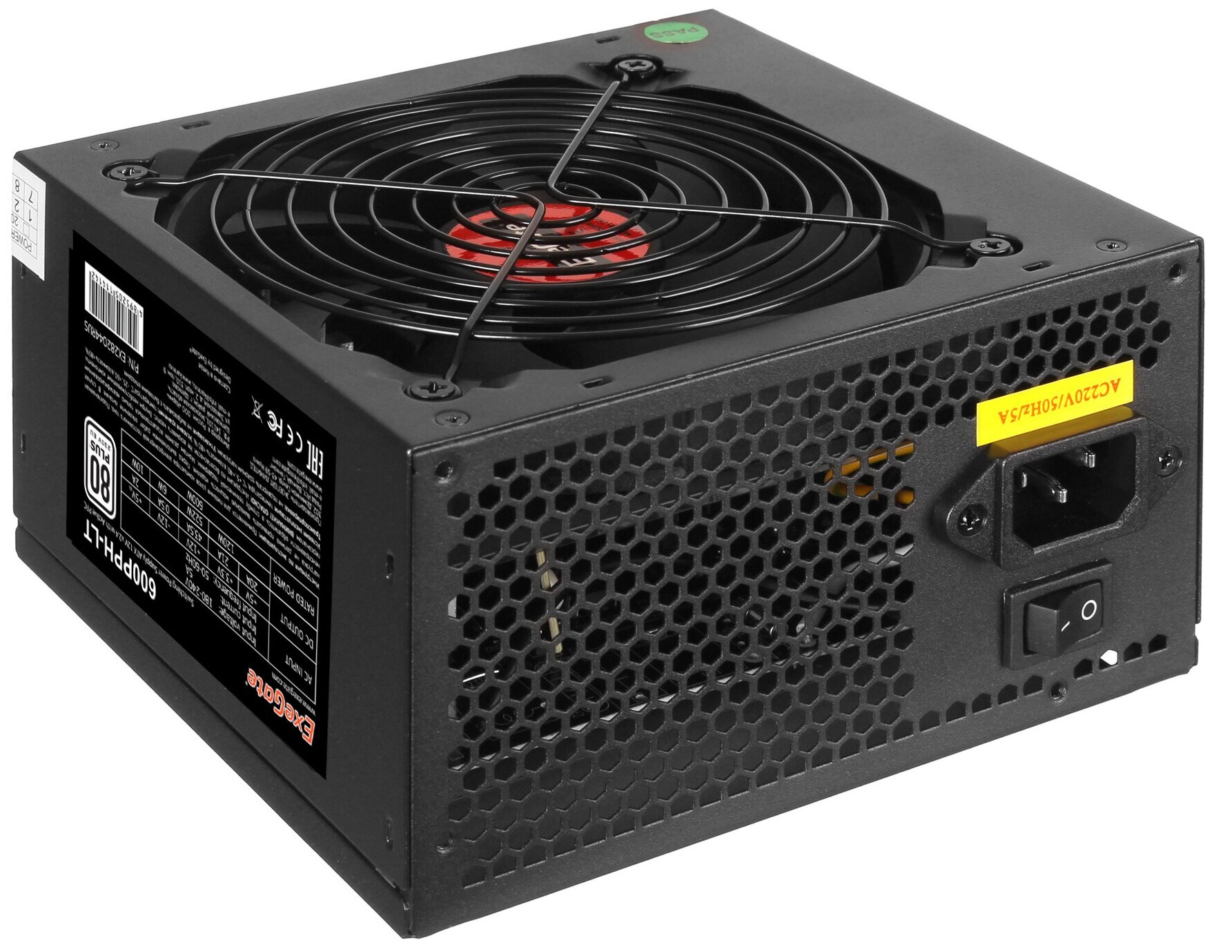 Блок питания 600W ExeGate 80 PLUS 600PPH-LT-S-OEM ATX APFC КПД 82 80 PLUSSC 12cm fan 24pin 44pin PCIe 5xSATA 3xIDE кабель 220V с защи
