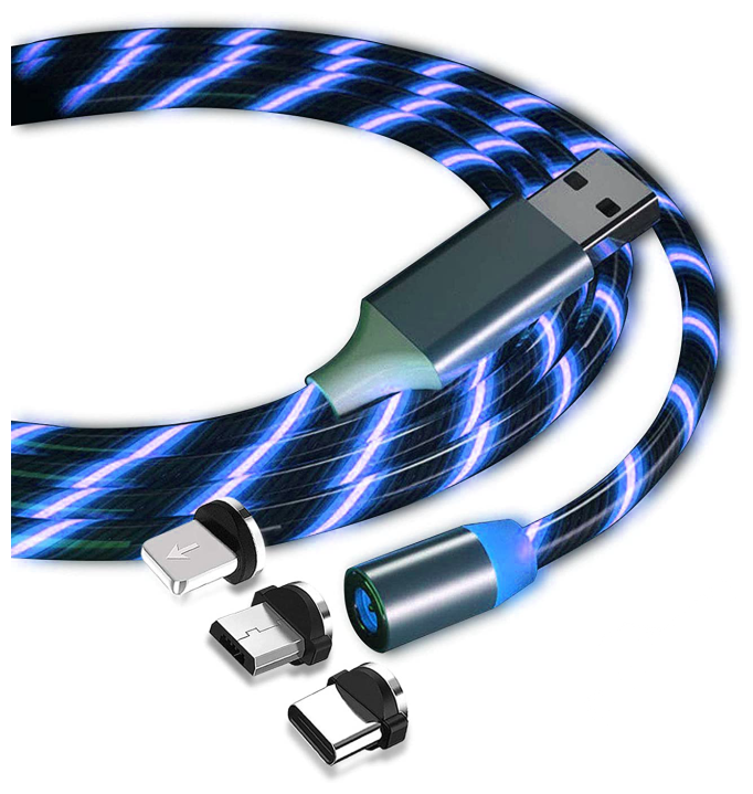 Кабель магнитный светящийся USB для зарядки 3 в 1 Lightning, Type-C, micro USB ультрапрочный, для iPhone/Android/ Samsung Type-C, серебристый