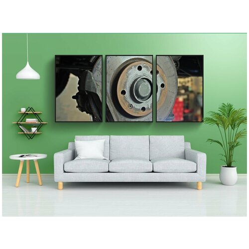 фото Модульный постер "автомастерская, цех, тормозной диск" 180x90 см. из 3х частей в тубусе, без рамки lotsprints