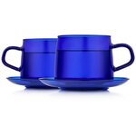 Стеклянные кружки синего цвета с блюдцами 2 штуки, 350 мл - изображение