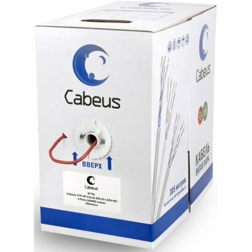 Кабель витая пара Cabeus UTP-4P-Cat.5e-SOLID-LSZH-RD UTP (U/UTP), категория 5e, 4 пары (24 AWG), одножильный, красный, LSZH