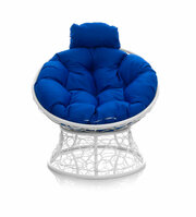 Кресло "Папасан" мини с ротангом белое / синяя подушка M-Group