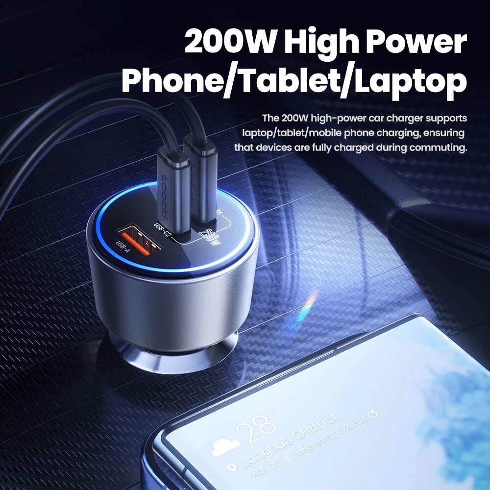 Автомобильное зарядное устройство Toocki, 200 Вт, USB, QC 3,0 4,0, быстрая зарядка, светодиодный индикатор, Тип C, автомобильное зарядное устройство для телефона для iPhone 15 14 Macbook Samsung S24, with 100W cable — фото 1