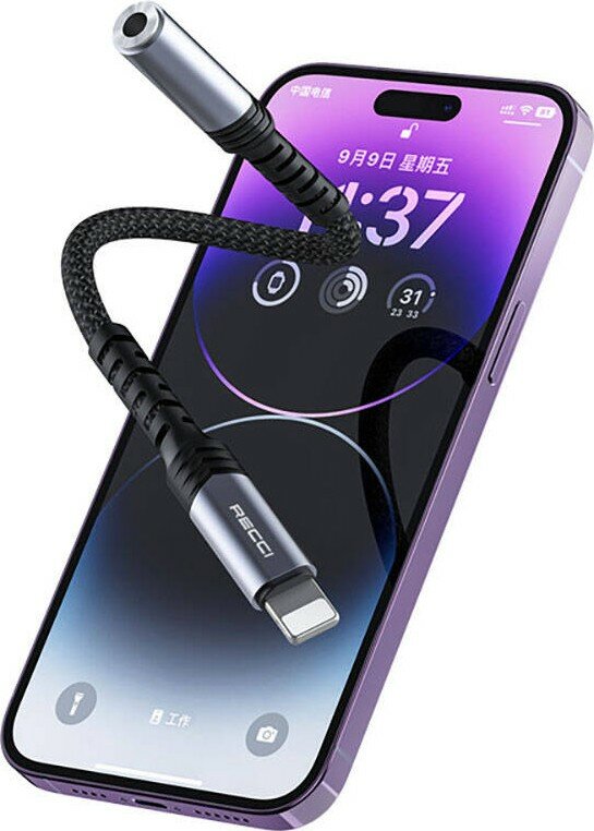 Переходник для проводных наушников для iPhone/iPad, Recci RDS-A23, Lightning(M) to mini Jack 3.5mm(F), Черный+Серый