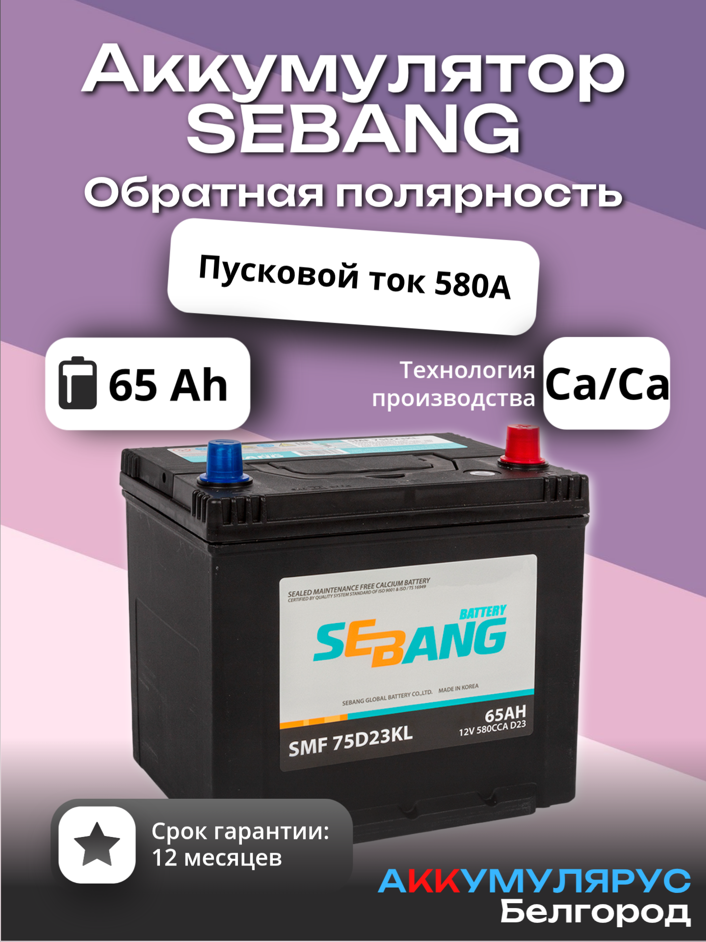 Аккумулятор SEBANG "75D23KL", 65 Ач, 580 А, 12В, Обратная полярность, 232x175x225 мм