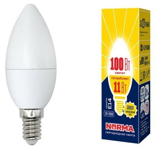 Лампа светодиодная Volpe LED-C37-11W/WW/E14/FR/NR форма свеча матовая Серия Norma теплый белый свет (3000K) 3 шт