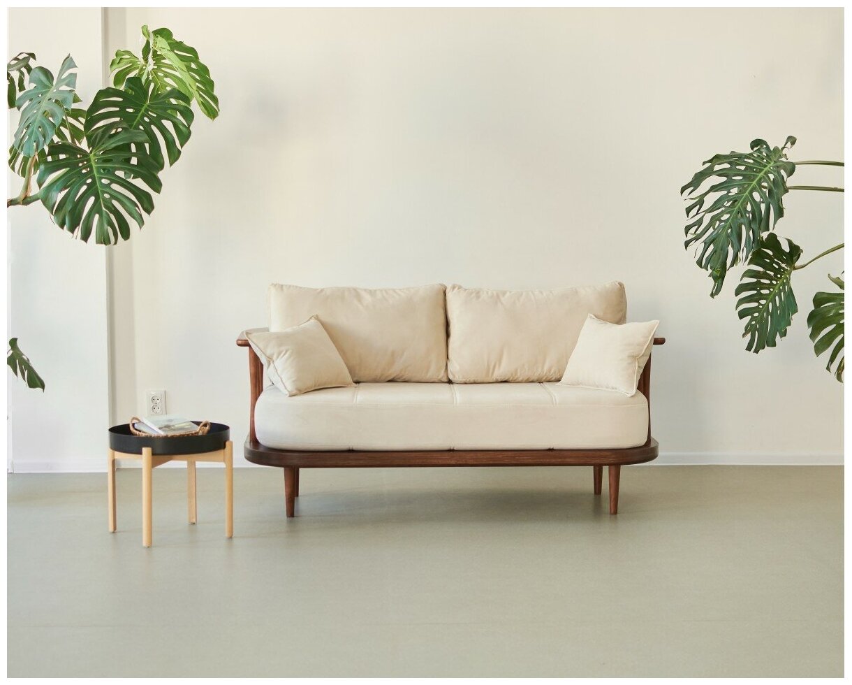 Дизайнерский диван Soft Element Ламе, дерево, велюр, бежевый, стиль скандинавский лофт, на кухню, в офис, на дачу, для кафе и ресторана