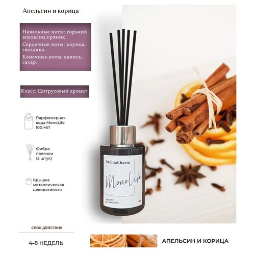 Ароматизатор для дома AromaCharm, Диффузор ароматический с палочками, 100 мл MonoLife 05 ORANGE  & CINNAMON