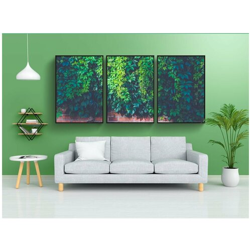 фото Набор модулных постеров для интерьера "кирпичная стена, листья, листва" 60x90 см. в тубусе, без рамки lotsprints