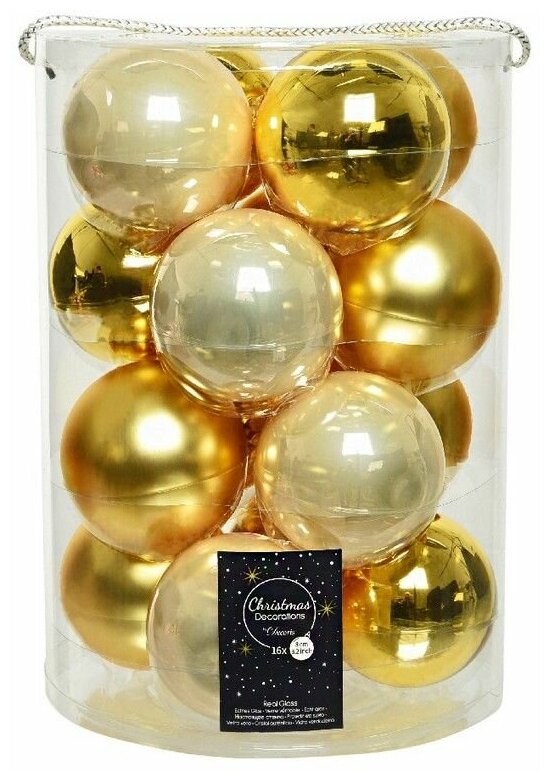 Набор стеклянных шаров Коллекция золотистая гамма, матовые, эмалевые и глянцевые, 80 мм, 16 шт, Winter Deco 140791