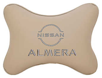 Автомобильная подушка на подголовник экокожа Beige с логотипом автомобиля NISSAN Almera (new)