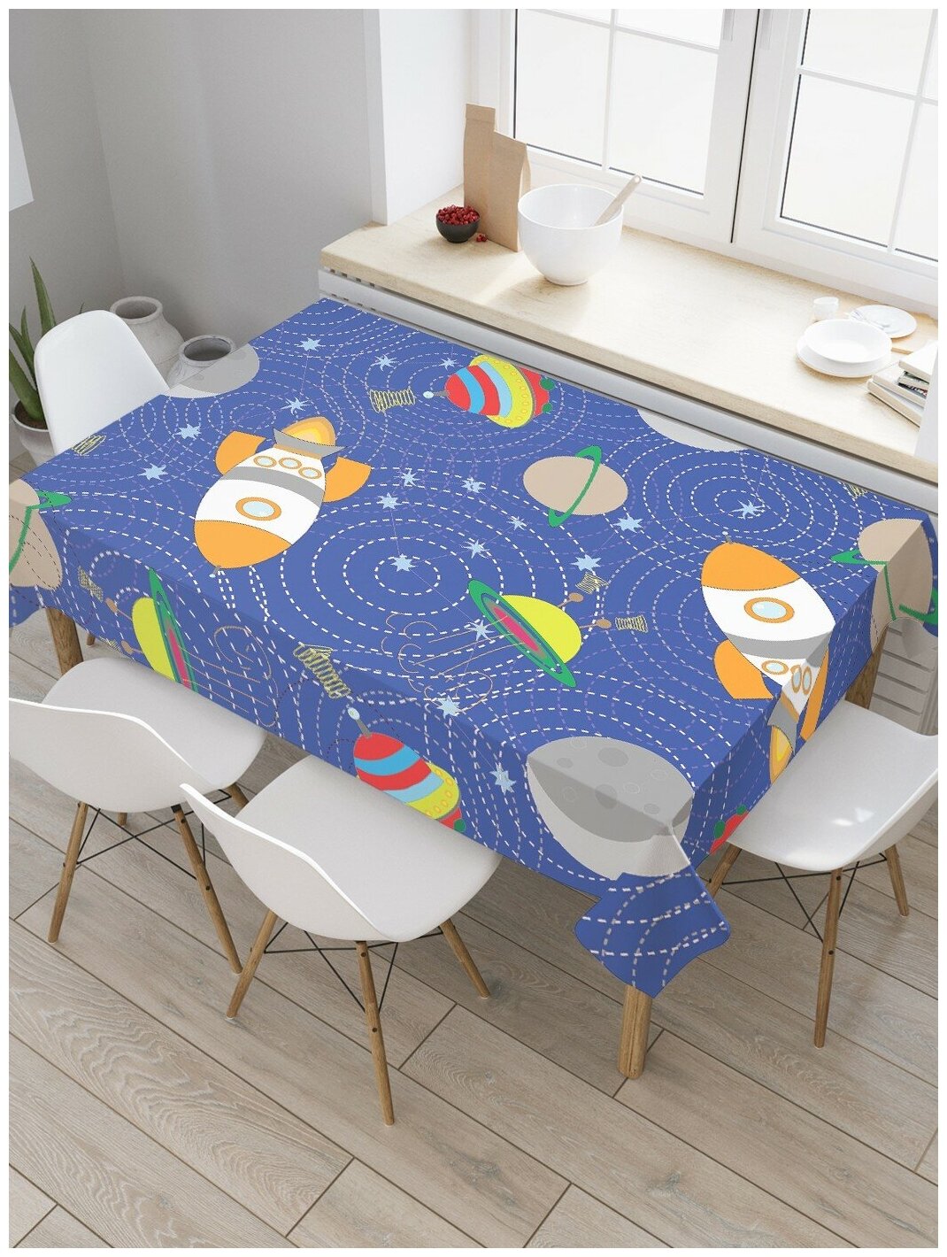 Скатерть прямоугольная JoyArty на кухонный стол "Планеты и НЛО" из оксфорда, 120x145 см