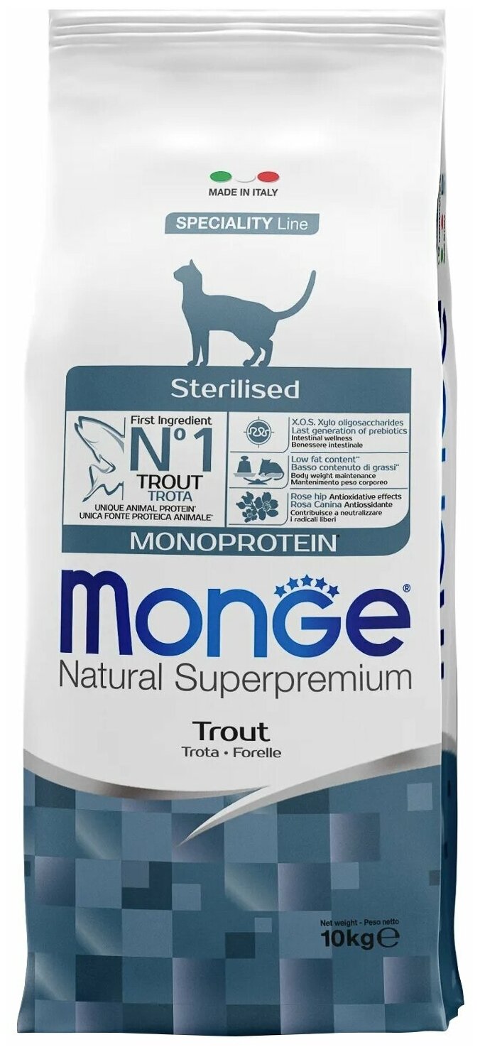 Сухой корм для стерилизованных кошек Monge Natural Superpremium, профилактика избыточного веса, с форелью 10кг