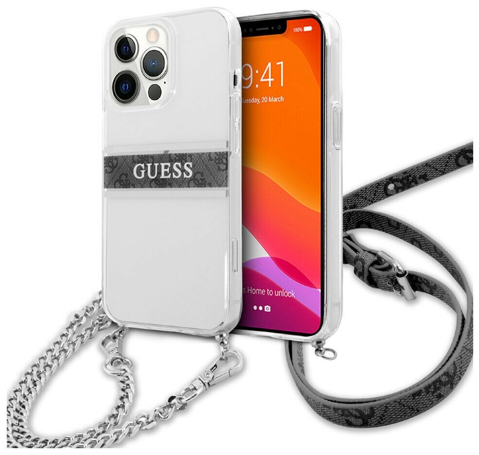 Чехол CG Mobile Guess PC/TPU 4G Stripe Hard + Silver crossbody chain для iPhone 13 Pro Max, цвет Прозрачный/Серебристая цепь (GUHCP13XKC4GBSI)