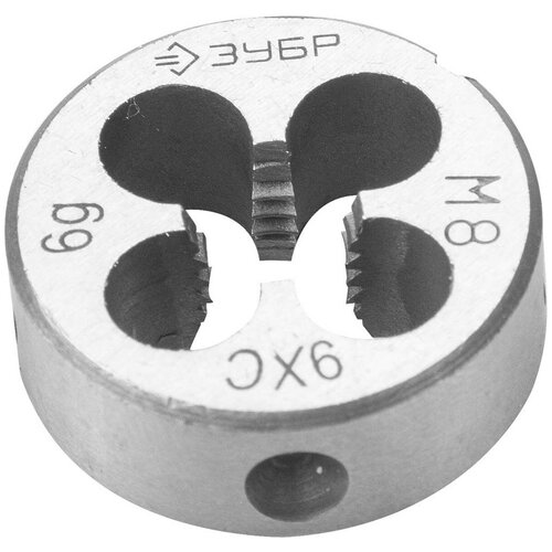 ЗУБР М8x1.25мм, плашка, сталь 9ХС, круглая ручная, 4-28022-08-1.25