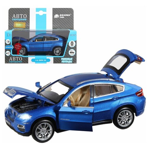 фото Машинка металлическая тм "автопанорама", 1:32 bmw x6, синий, инерция, свет, звук, открывающиеся двери, капот и багажник