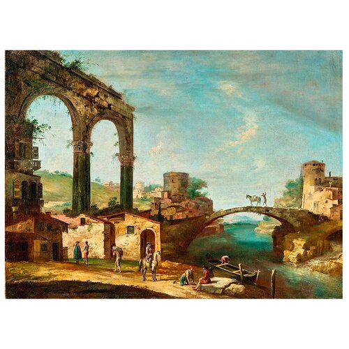 Постер А2 Франческо Альботто - Пейзаж с классическими руинами и фигурами у реки