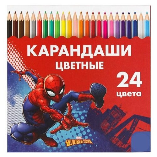 Карандаши 24 цвета Супергерой, заточенные, шестигранные, картонная упаковка, европодвес, Человек-паук карандаши цветные 24 цвета супергерой человек паук