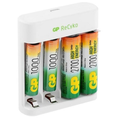 фото Зарядное устройство gp e411270/100-2crb4 + 2шт акк. aa (hr06) 2700mah+ 2шт акк. aaa (hr03) 1000mah (usb)