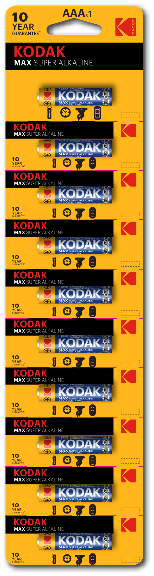 Kodak Батарейка алкалиновая Kodak Max, AAA, LR03-10BL, 1.5В, отрывной блистер, 10 шт.