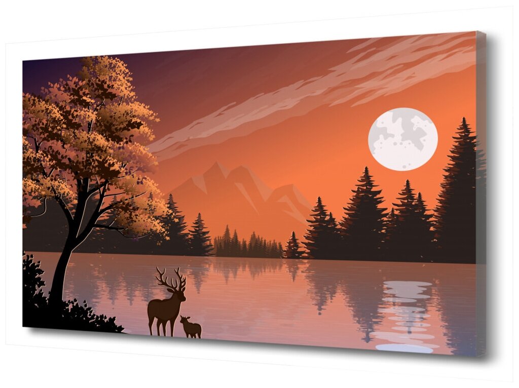 Картина на холсте "Иллюзия. Олени на озере." PRC-705 (75x50см). Натуральный холст