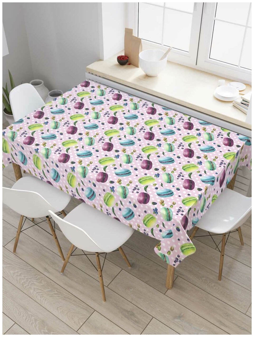 Скатерть прямоугольная JoyArty на кухонный стол "Цветные пирожные" из оксфорда, 180x145 см