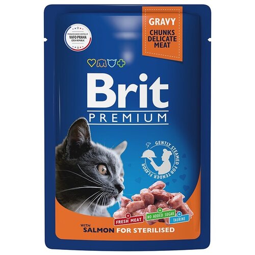 корм для стерилизованных кошек влажный brit premium цыпленок в соусе 85 г Влажный корм для стерилизованных кошек Brit Premium с лососем 12 шт. х 85 г (кусочки в соусе)