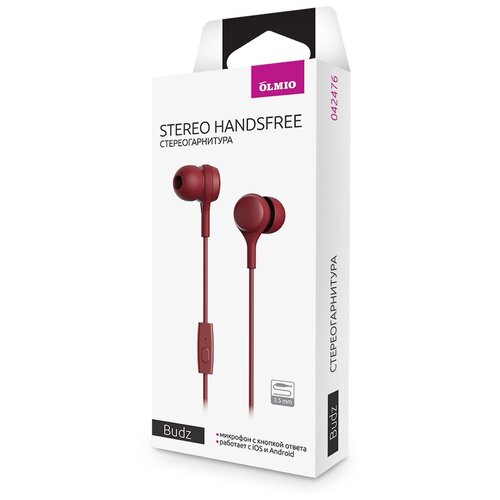 Наушники внутриканальные Olmio Budz 35mm с микрофоном красные 26000₽