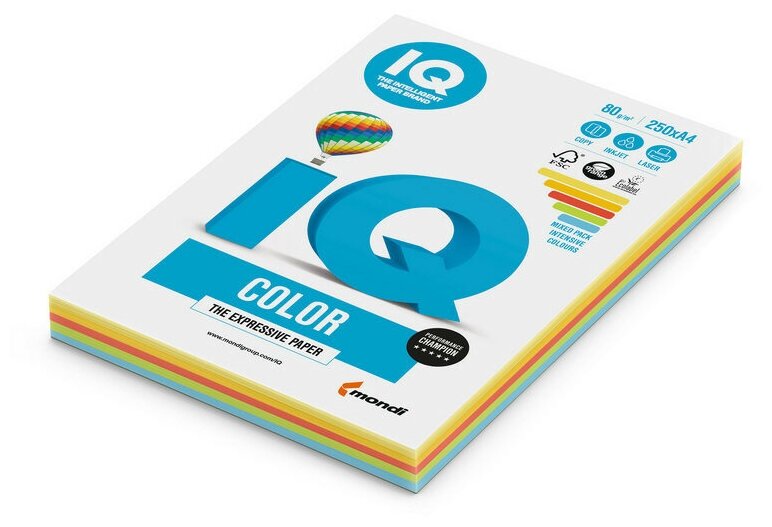 IQ COLOR Бумага цветная IQ COLOR (А4,80г,5цв. пастель по 50л.) пачка 250л., 2 шт.